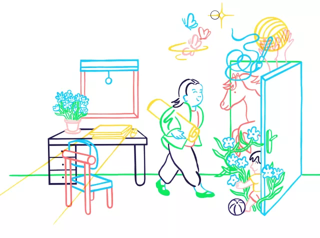 illustration avec bureau, femme et porte ouverte