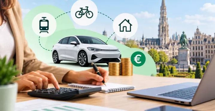 Calcul du budget mobilité avec une voiture de société électrique, des euros et plusieurs possibilités d’utilisation, notamment les transports en commun, le vélo et les frais de logement