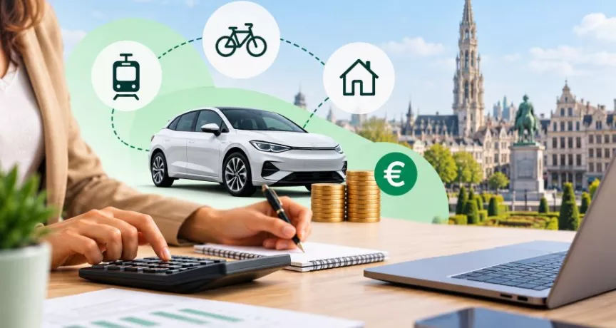Berekening van het mobiliteitsbudget met een elektrische bedrijfswagen, euro’s en verschillende bestedingsmogelijkheden, waaronder openbaar vervoer, een fiets en huisvestingskosten.