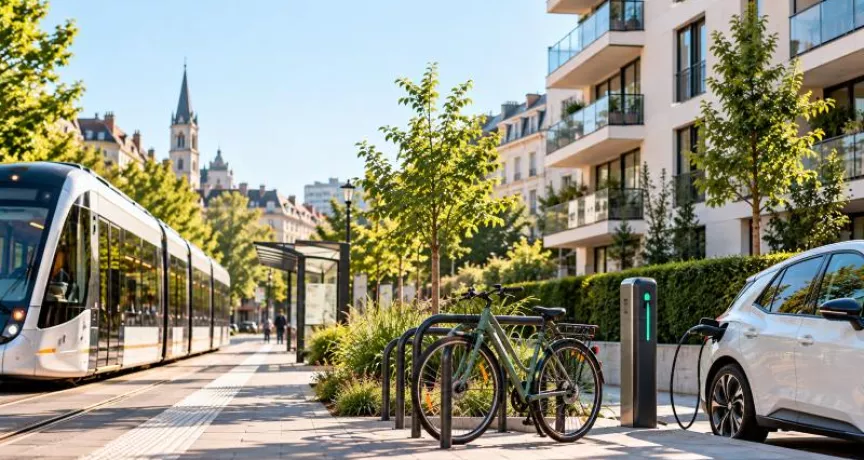 Tram, fietsen en een elektrische wagen aan een laadpaal als voorbeelden van duurzame mobiliteit in de stad.