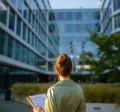 women in front of green building