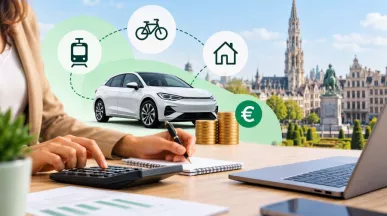 Berekening van het mobiliteitsbudget met een elektrische bedrijfswagen, euro’s en verschillende bestedingsmogelijkheden, waaronder openbaar vervoer, een fiets en huisvestingskosten.