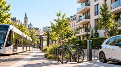 Tram, vélos et voiture électrique en recharge illustrant différentes solutions de mobilité durable en ville.