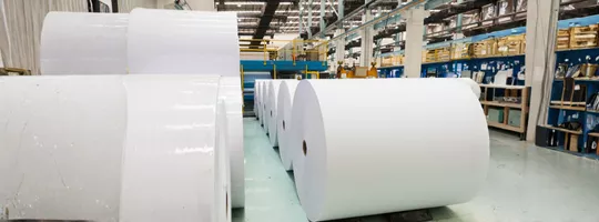 Rouleaux de papier géants dans une réserve